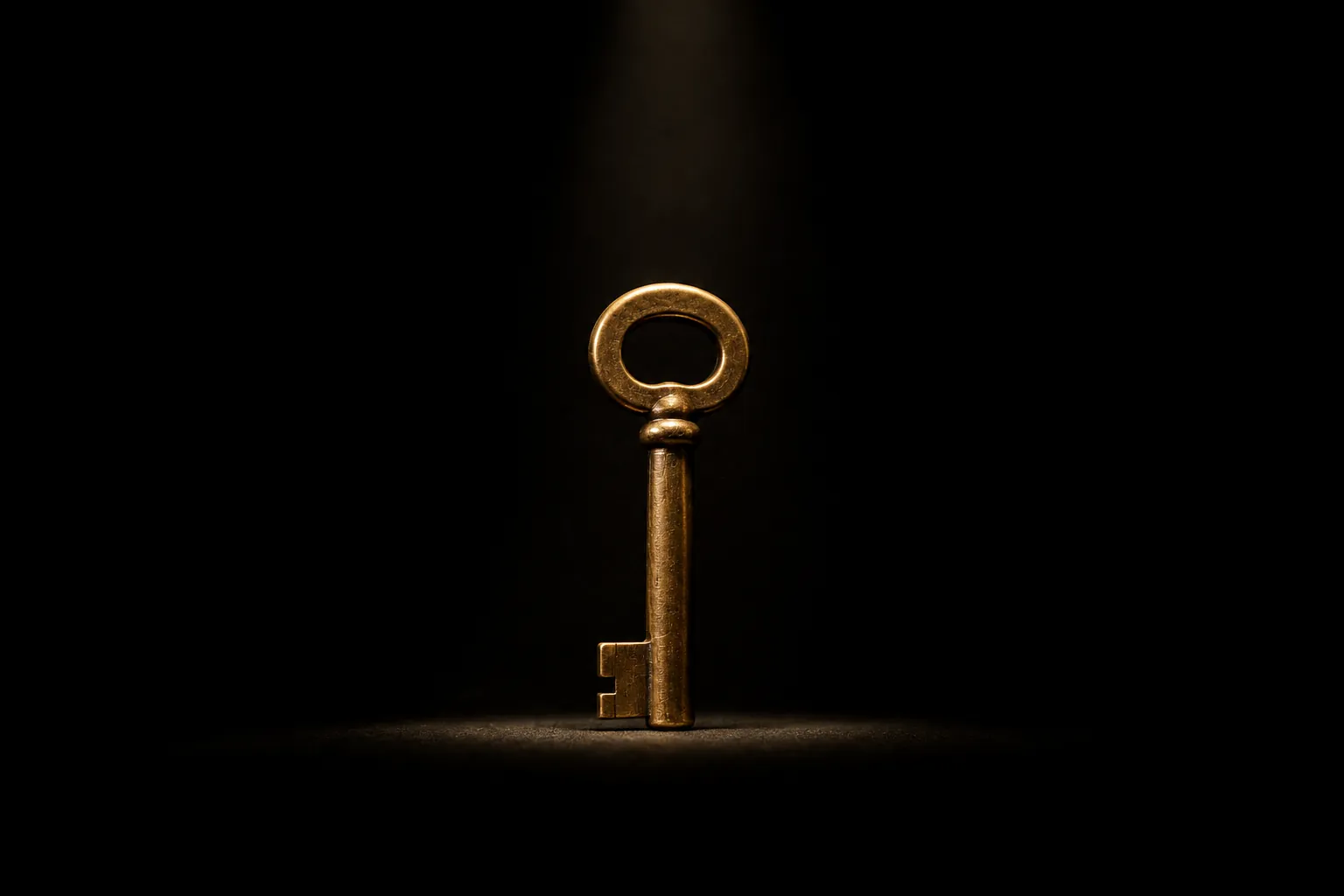 A single brass key, lit against near-black